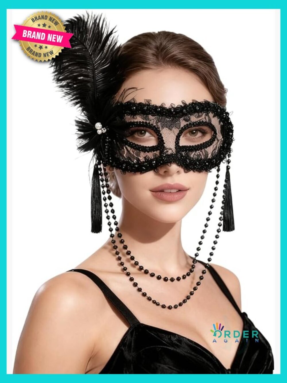 Venetian Masquerade Mask with Feathers and Pearl Tassels for Women Party Eyemask